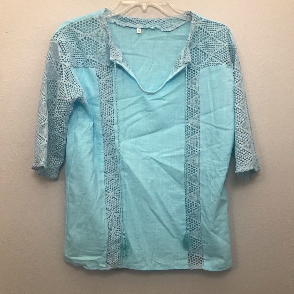 Gorgeous robins egg blue boho style top with crochet sleeves